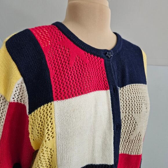 Breckenridge Americana Patriotic Red Blue Color Block Button Front Cardigan L - Picture 10 of 11